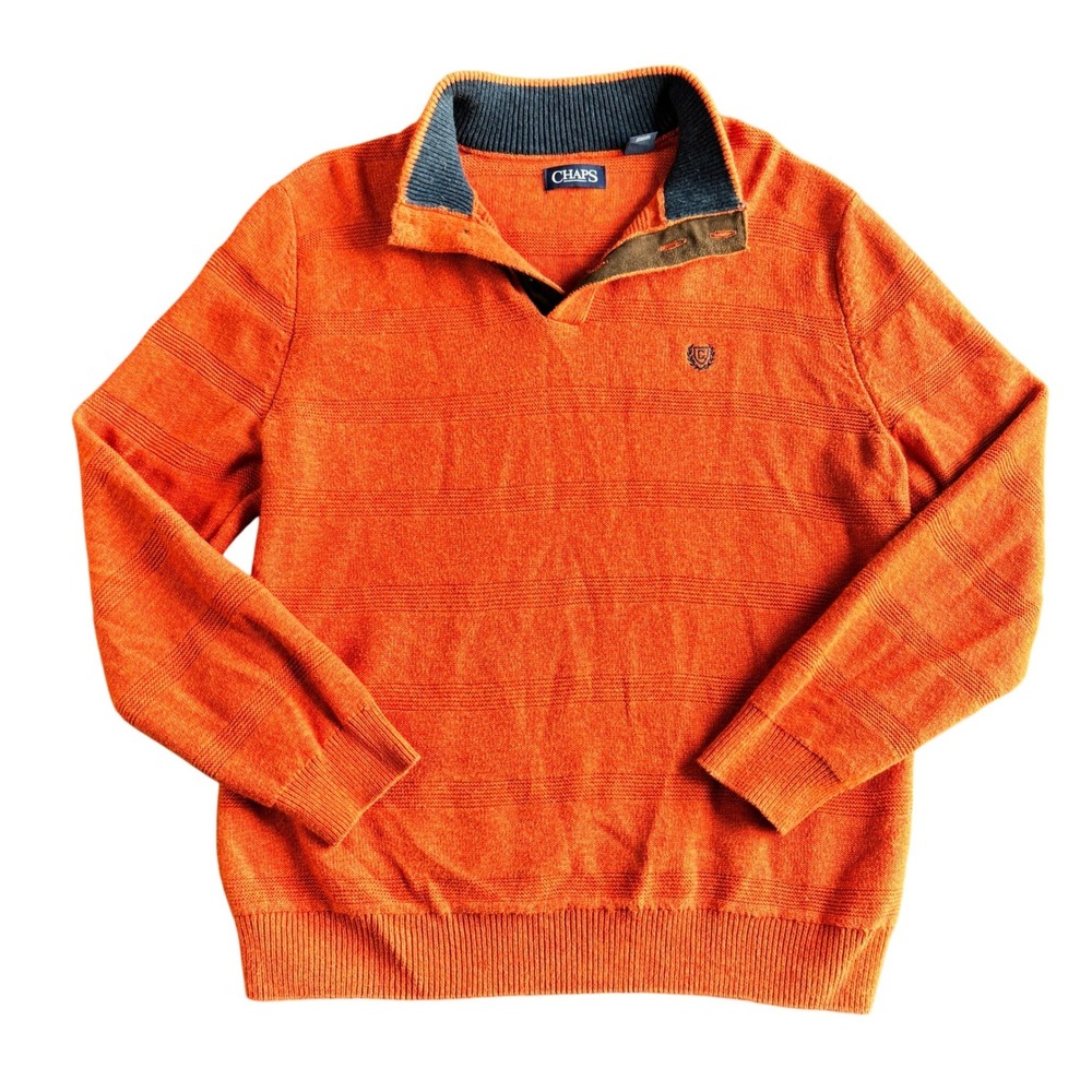 Chaps Mens Orange Textured Stripe Mock Neck Quarter‎ Button Cotton Sweater Large